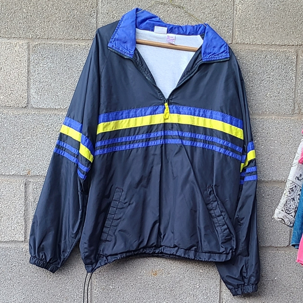 Vintage Mens Prospirit Nylon Neon Yellow Blue Stripes Jacket Size M